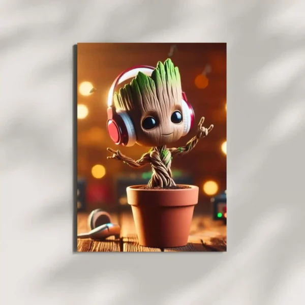 wall mounted groot in pot with music metal poster