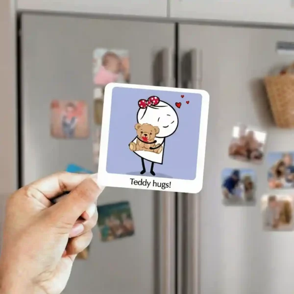 teddy hugs couple fridge magnet in hand