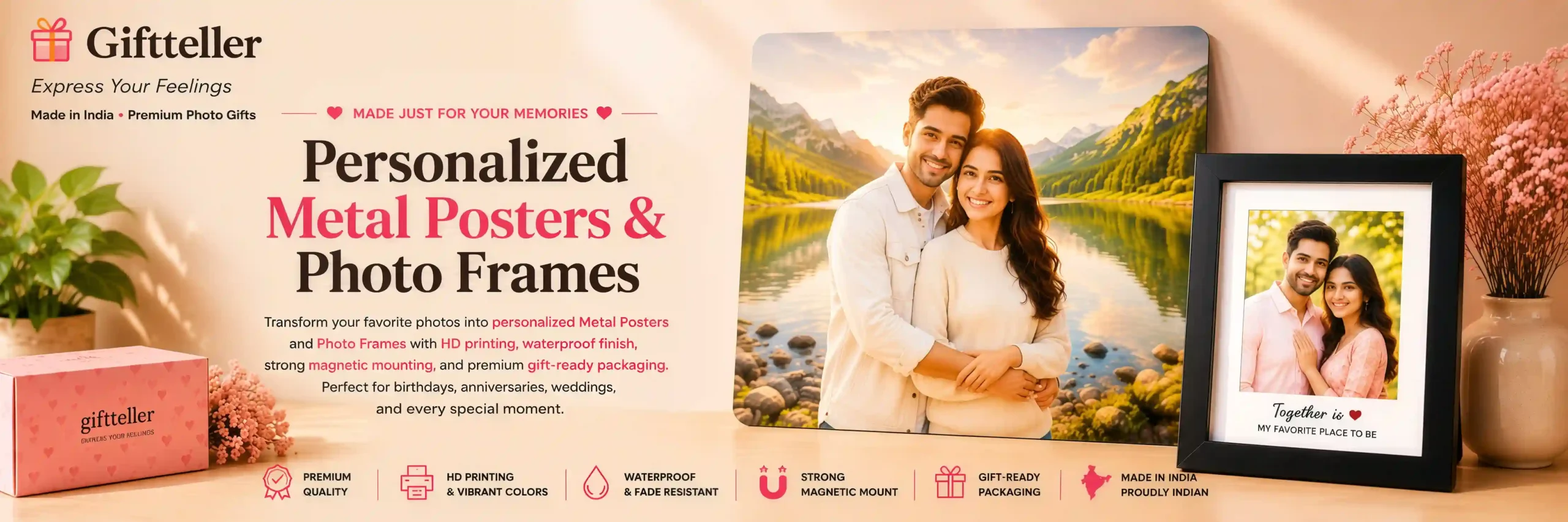 Personalized Metal Posters and Photo Frames by Giftteller with HD Printing, Waterproof Finish, Strong Magnetic Mount and Premium Gift-Ready Packaging.